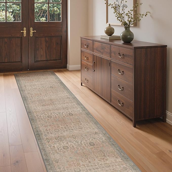 GENIMO 2x10 Runner Rugs for Hallway, Machine Washable Non Slip Vintage Rugs, Low Pile Lightweight Soft Print Rug for enrtyway, Corridor, Home Office, Kitchen, Oatmeal Beige