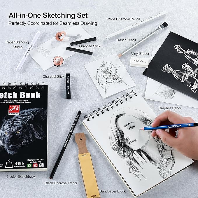 KALOUR 95-Piece Sketching and Drawing Art Set with 3-color Sketch Book and Pastel Paper – Graphite, Charcoal, and Pastel Pencils – Complete Artist Kit for Beginners and Professionals
