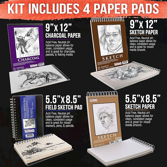 54-Piece U.S. Art Supply Drawing & Sketching Set with 4 Sketch Pads - Ultimate Artist Kit with Graphite, Charcoal, Pastels, Erasers in Pop-Up Carry Case