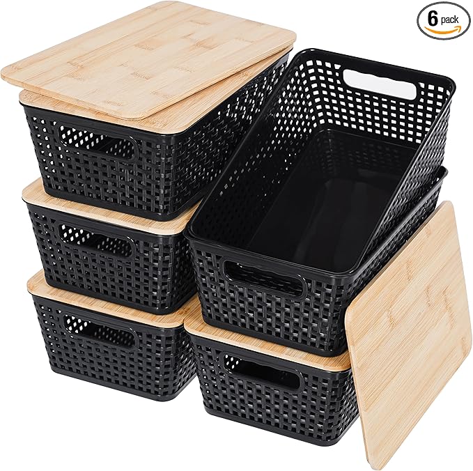 Anywish Storage Bins with Lids 6 Packs, Plastic Storage Bins with Bamboo Lids for Pantry Organization and Storage Containers for Shelves Drawers Desktop Closet Office Home, Black
