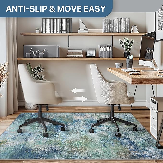 Office Chair Mat for Hardwood Tile Floor, Abstract 48"X 60" Desk Mats for Office Chair on Rolling Chairs Carpet, Desk Anti-Slip 1/5" Thick Rug for Computer Chair, Thin Low-Pile Floor Mat, Blue Green