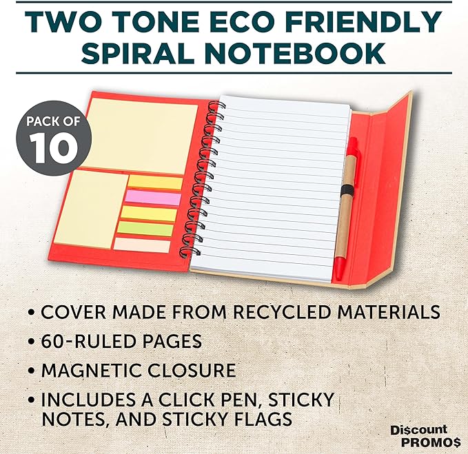 DISCOUNT PROMOS Custom Eco Friendly Spiral Notebooks with Pens Set of 10, Personalized Bulk Pack - Perfect for School, Office, Home - Red