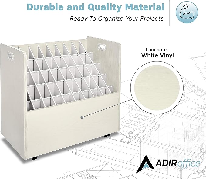 AdirOffice Adir Blue Print Storage Organizer - Mobile Roll File Cart, Construction Plan Holders, Blueprint Cabinet with Wheels, Roll Files Storage for Office and Home (50 Slots, White)