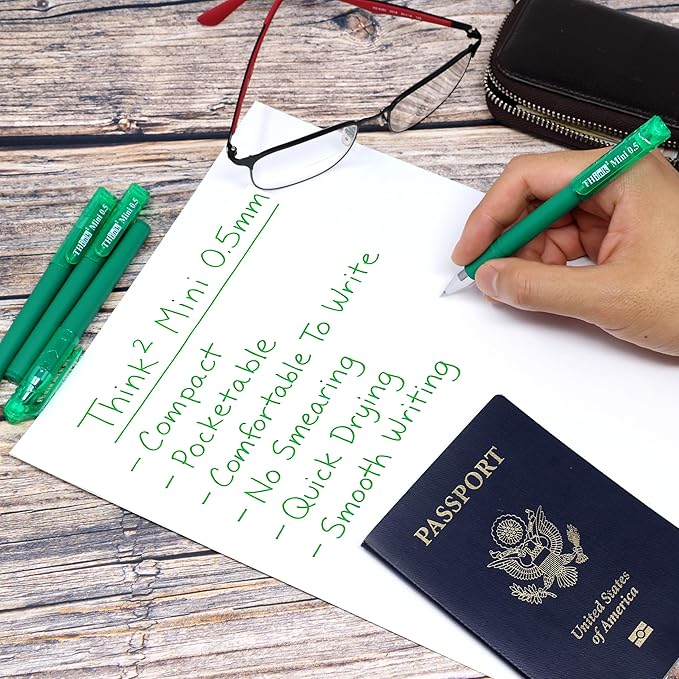 THINK2MASTER [24 Pens - Green Ink Think2 0.5mm Pocketable Mini Gel Pens. (24 Green) Fine Point Small Rollerball Pens with Smooth Quick Drying Ink.