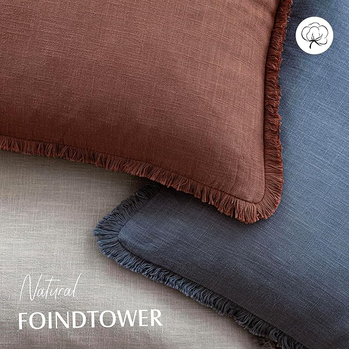 Foindtower Set of 2 Decorative Linen Fringe Throw Pillow Covers Boho Farmhouse Cushion Cover with Tassels Accent Pillowcase for Couch Chair Sofa Bed Living Room Home Decor,16×16 Inch,Rust Red