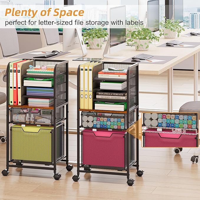 Feyejade 6-Tier Rolling File Cart with 2 Drawers, File Cabinet Organizer for Hanging File Folders, Letter-Size File Storage with Wheels, Multi-Layer Mobile Filing Cabinet for Office and Home