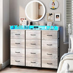 Welfuturer Dresser for Bedroom with 12 Drawers LED Dressers & Chests of Drawers Charging Station Fabric Dresser Storage Organizer Unit for Hallway Entryway Closets Sturdy Steel Frame Wood Top Gray