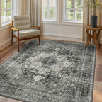 GENIMO 7'6''x9'6'' Area Rugs for Living Room, Machine Washable Non Slip Vintage Rugs, Low Pile Lightweight Chenille Print Rug for Bedroom, Dining Room, Home Office,Charcoal Gray