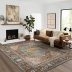 GENIMO 3x5 Area Rugs for Living Room, Machine Washable Non Slip Vintage Rugs, Low Pile Lightweight Chenille Print Rug for Bedroom, Dining Room, Home Office, Vintage Brown/Blue