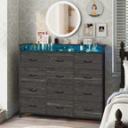 Welfuturer Black Dresser with LED Light 12 Drawers Dresser with Charging Station Dressers for Bedroom with 12 Fabric Drawers for Bedroom Hallway Entryway Closets Sturdy Steel Frame Wood Top Black