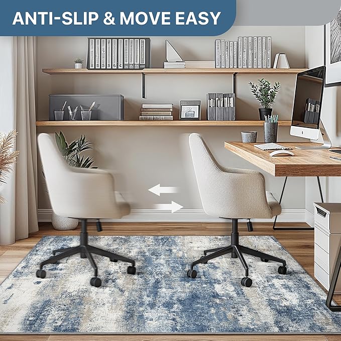 Office Chair Mat for Hardwood Tile Floor, Abstract 36"X 48" Desk Mats for Office Chair on Rolling Chairs Carpet, Desk Anti-Slip 1/5" Thick Rug for Computer Chair, Thin Low-Pile Floor Mat, Navy Beige