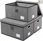 PRANDOM Storage Bins with Lids [3-Pack] Linen Fabric Foldable Storage Boxes Organizer Containers Baskets Cube with Cover for Bedroom Closet Office Grey(23.4X15.9X11.4)
