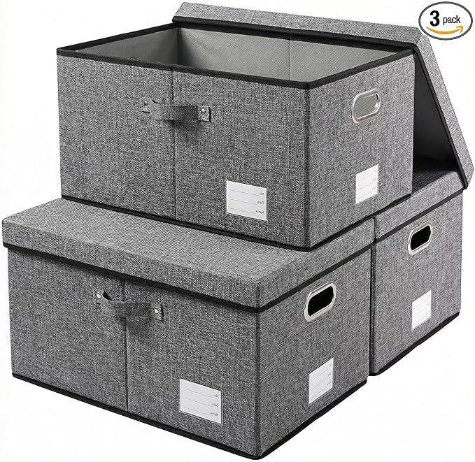 PRANDOM Storage Bins with Lids [3-Pack] Linen Fabric Foldable Storage Boxes Organizer Containers Baskets Cube with Cover for Bedroom Closet Office Grey(23.4X15.9X11.4)