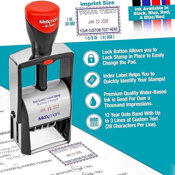 MaxMark Heavy Duty Self Inking Date Stamp with Phrase Overdue - 2 Color Blue/Red Ink
