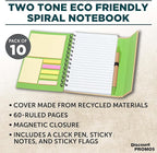 DISCOUNT PROMOS Custom Eco Friendly Spiral Notebooks with Pens Set of 10, Personalized Bulk Pack - Perfect for School, Office, Home - Green