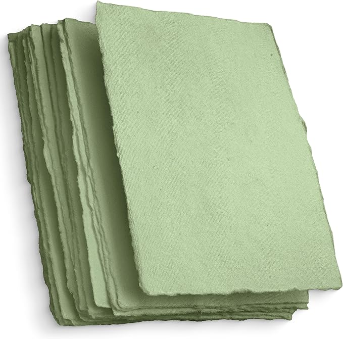 Wanderings A5 Handmade Deckled Edge Cotton Paper - Cold Pressed Texture - Paint, Watercolor, Writing, Printer - Cards, Invitations, Menus, Arts and Crafts. 50 Pack Green 150gsm - 5.8" x 8.3"