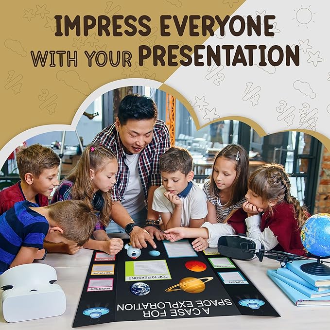 Trifold Poster Board 36" x 48" White Presentation Board - Self-Adhesive Science Subtitles Included - Science Fair Display Boards, for School, Fun Projects and Business Presentations - by Emraw