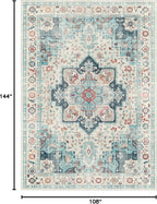 GENIMO 9x12 Area Rugs for Living Room, Machine Washable Non Slip Rugs, Low Pile Lightweight Vintage Print Rug for Bedroom, Dining Room, Home Office, Cyan/White