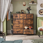 WLIVE Fabric Dresser for Bedroom with 10 Drawers, Chest of Drawers with Side Pockets and Hooks, Sturdy Metal Frame, Drawers Organizer Unit for Living Room, Hallway, Rustic Brown Wood Grain Print