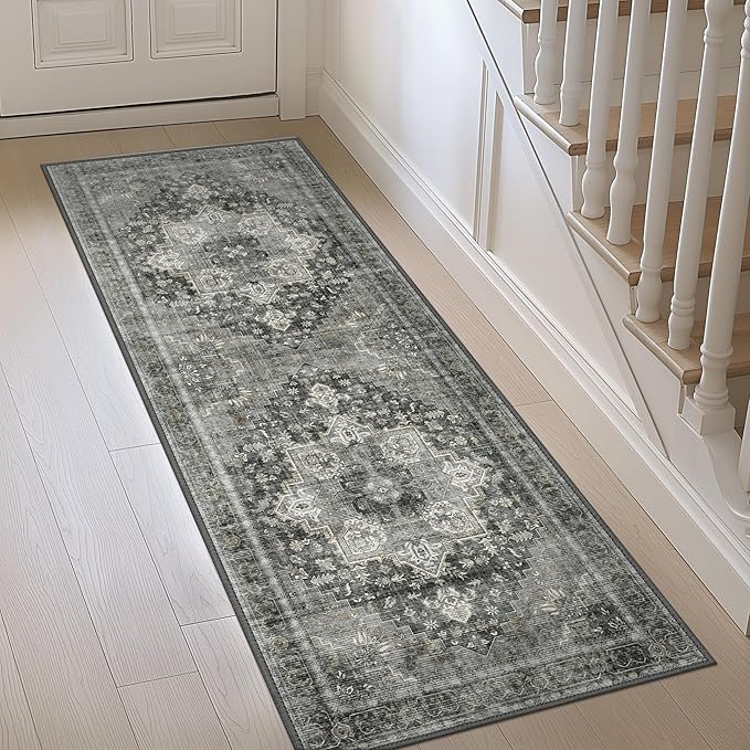 GENIMO 2x12 Runner Rugs for Hallway, Machine Washable Non Slip Vintage Rugs, Low Pile Lightweight Soft Print Rug for enrtyway, Corridor, Home Office, Kitchen, Charcoal Gray
