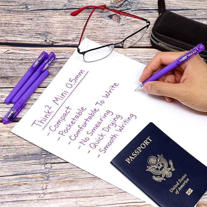 THINK2MASTER [24 Pens - Purple Ink Think2 0.5mm Pocketable Mini Gel Pens. (24 Purple) Fine Point Small Rollerball Pens with Smooth Quick Drying Ink.
