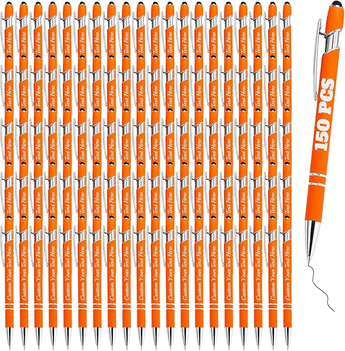 Personalized Pens Bulk 150 with Name Custom Engraving Ballpoint Pens with Stylus Tip Customized Smooth Writing Pens Personalized Gifts for Anniversary Birthday or Graduation(Orange,Black Ink)