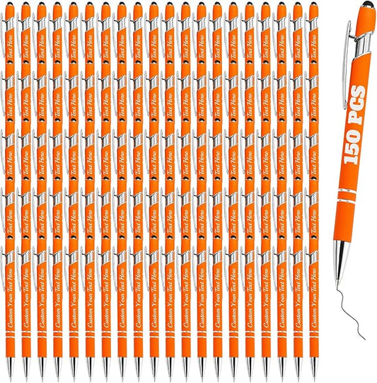 Personalized Pens Bulk 150 with Name Custom Engraving Ballpoint Pens with Stylus Tip Customized Smooth Writing Pens Personalized Gifts for Anniversary Birthday or Graduation(Orange,Black Ink)