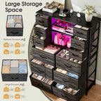 EnHomee Dresser for Bedroom with Charging Station & LED Light, Large Dresser for Hallway, Living Room, Entryway, Metal Frame, Black Dressers & Chest of Drawers, 50.6" H x 37.8" W x 11.8" D