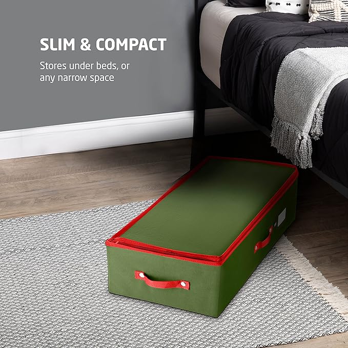 ZOBER Underbed Christmas Ornament Storage Box - Stores 64 3" Ornaments, With Dividers - Tear Proof 600D Oxford Fabric, Ornament Organizer Storage Box, Durable Christmas Containers Holder - Green