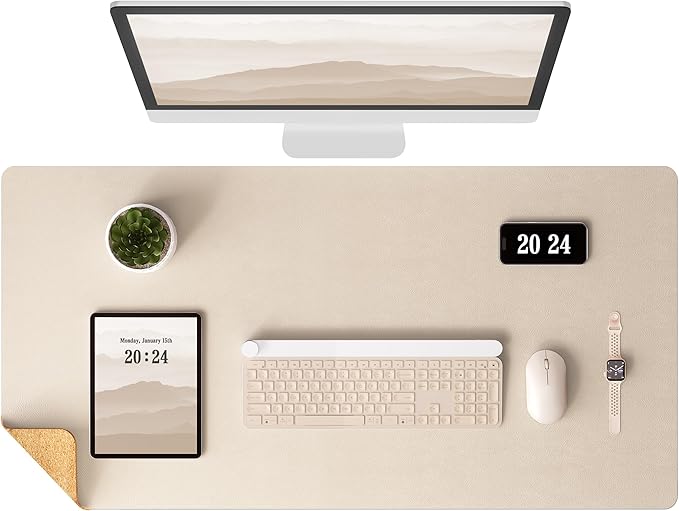 Aothia Dual-Sided Desk Mat - Leather & Cork Desk Protector, Large Mouse Pad & Writing Pad for Office/Home, Waterproof, Beige (35.4" x 15.7")