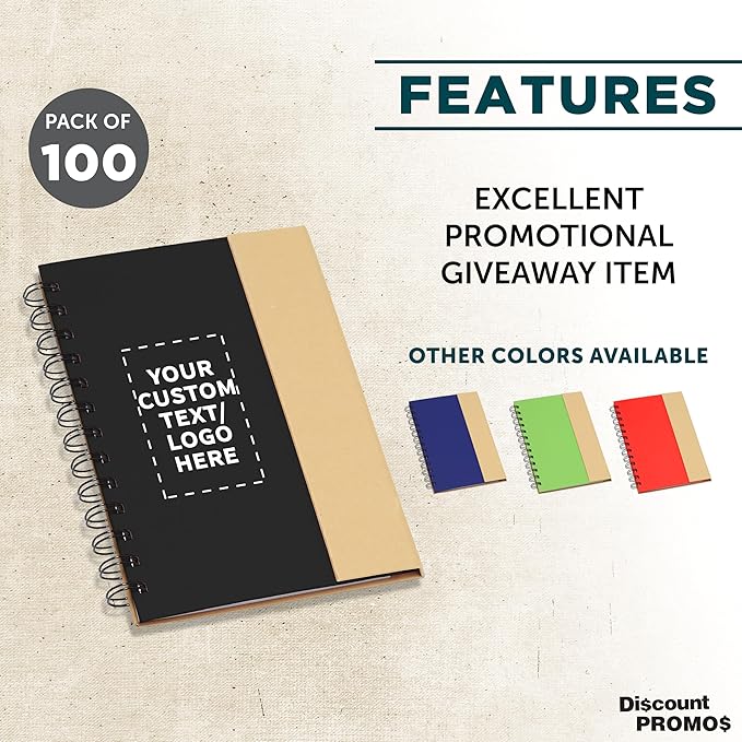 DISCOUNT PROMOS Custom Eco-Friendly Spiral Notebooks with Pens – Set of 100, Perfect for Mother’s Day Gift – Bulk Pack for School, Office, or Home – Black