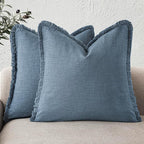 Foindtower Set of 2 Decorative Linen Fringe Throw Pillow Covers Cozy Boho Farmhouse Cushion Cover with Tassels Soft Accent Pillowcase for Couch Sofa Bed Living Room Home Decor, 18×18 Inch, Misty Blue
