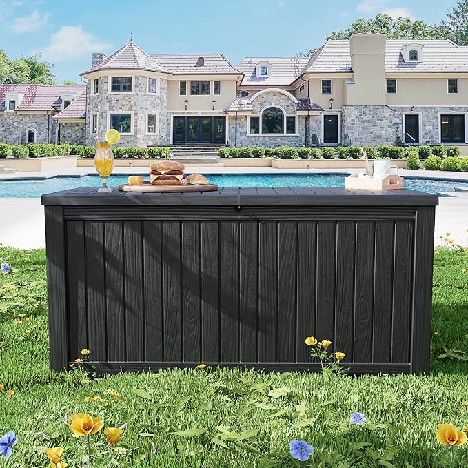 200 Gallon Resin Deck Box, Waterproof Outdoor Storage Bin for Patio Furniture, Pool Accessories, and Garden Tools, Lockable & UV-Resistant, Black