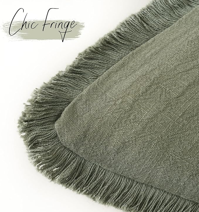 Foindtower Set of 2 Decorative Linen Fringe Throw Pillow Covers Cozy Boho Farmhouse Cushion Cover with Tassels Soft Accent Pillowcase for Couch Sofa Bed Living Room Home Decor, 26×26 Inch, Olive Green
