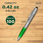 DISCOUNT PROMOS Custom Stylus Ballpoint Pens Set of 100, Personalized Bulk Pack - Black Ink, Great for Office, School, Business, Tradeshows, Events - Green