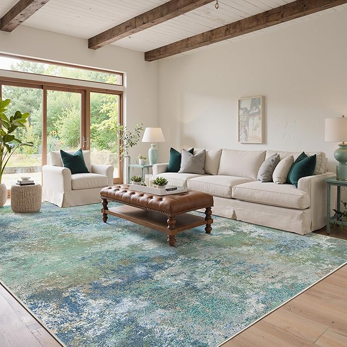 GENIMO Washable Rugs 6x9 Area Rugs for Living Room Bedroom, Modern Lightweight Rug Ultra Soft Indoor Area Rugs 6x9 for Dining Room, Low Pile Carpet with Non Slip Backing, Blue Green