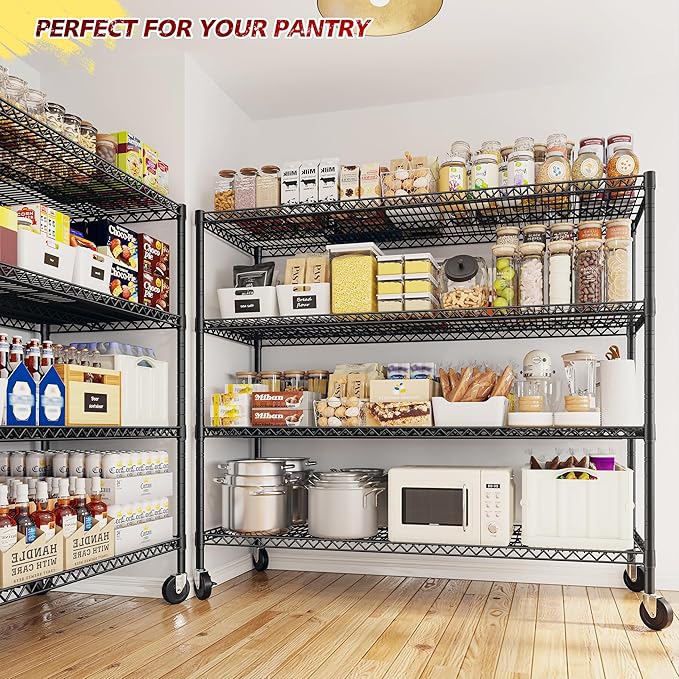REIBII Set of 2 Storage Shelves Metal Shelving with Wheels,Adjustable Wire Shelving Rack 75.6" H Heavy Duty Garage Shelving Unit for Kitchen Pantry,Commercial Industrial Shelving for Garage 2PCS