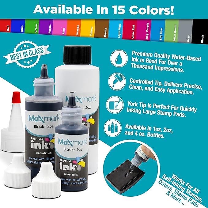 MaxMark Premium Refill Ink with Control Tip Bottle for Self-Inking Stamps, Blue Color - 2 oz.