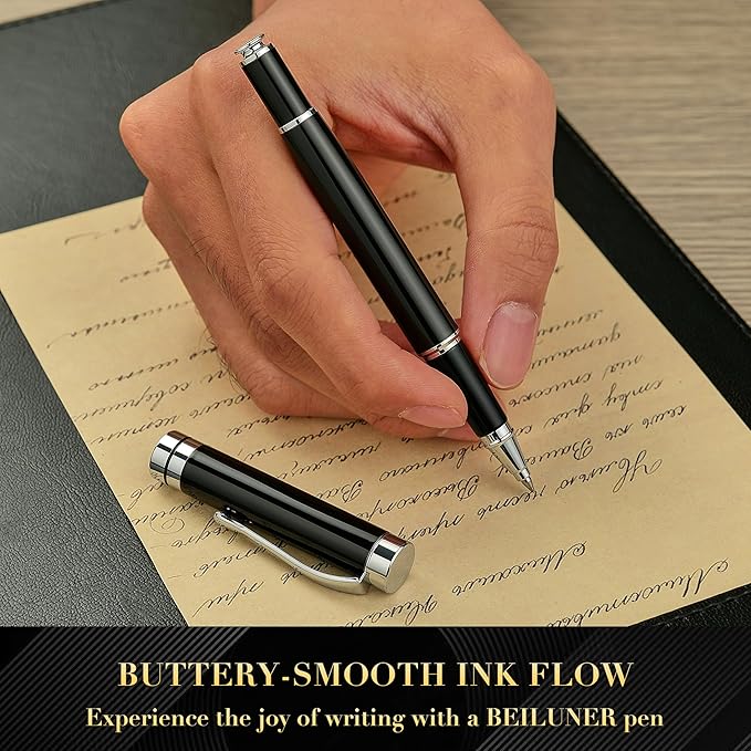 BEILUNER Ballpoint Pens, Stunning Black Chrome Ballpoint Pen with Silver Trim, Best Ball Pen Gift Set for Men & Women, Professional, Executive, Office, Fancy Pen-Gift Box With 0.5mm Extra Black Refill