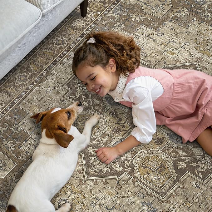 GENIMO 2'6''x7 Runner Rugs for Hallway, Machine Washable Non Slip Vintage Rugs, Low Pile Lightweight Soft Print Rug for enrtyway, Corridor, Home Office, Kitchen, Rustic Brown