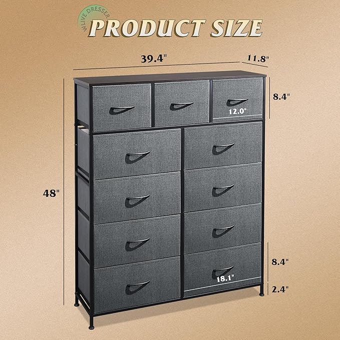 WLIVE Tall Dresser for Bedroom, Fabric Dressers Storage Tower, Dresser & Chest of Drawers Organizer Unit with 11 Drawers, Storage Cabinet, Hallway, Closets, Steel Frame, Wood Top, Dark Grey
