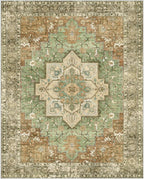 GENIMO 8x10 Area Rugs for Living Room, Machine Washable Rug, Non Slip Indoor Vintage Rug, Low Pile Lightweight Chenille Print Carpet for Bedroom Dining Room Home Office, Muted Green Brown