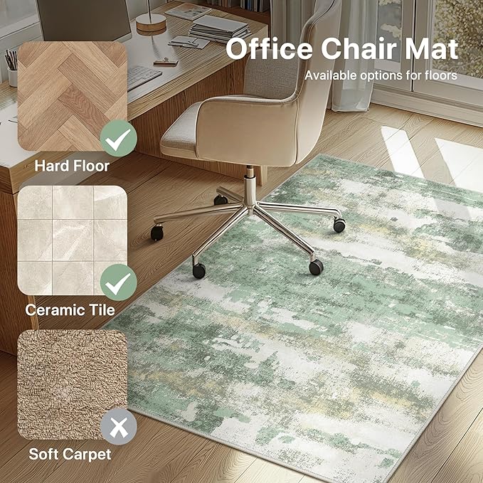 Office Chair Mat for Hardwood Tile Floor, Abstract 36"X 48" Desk Mats for Office Chair on Rolling Chairs Carpet, Desk Anti-Slip 1/5" Thick Rug for Computer Chair, Thin Low-Pile Floor Mat, Green