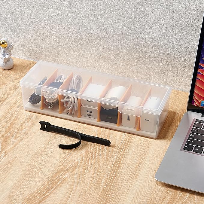 Fzooua Cable Organizer Storage Box with 8 Cable Ties, Clear Phone Charger Organizer Case Wire Organizers for Cords Electronic Storage Box for Drawer Desk Office Home (1 Pack)