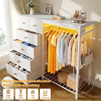 EnHomee 49.2" W White Dresser for Bedroom with Hanging Rack, 6 Drawers Dresser with LED Lights & Charging Station, Fabric Dressers & Chest of Drawers with Grid Panel & 4 Hooks, Wooden Top