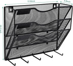 EASEPRES 3 Pocket Mesh Hanging File Organizer with Key Holder Hooks & Nametag Label, Wall Mounted Mail Paper Document Folder Clipboard Storage Organization Magazine Rack for Office Cubicle, Black