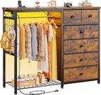 EnHomee 49.2" W Dresser with Hanging Rack & 6 Fabric Drawers – Wooden Top Organize Unit Featuring LED Lights, Charging Station & Grid Panel & Hooks for Bedroom, Rustic Brown