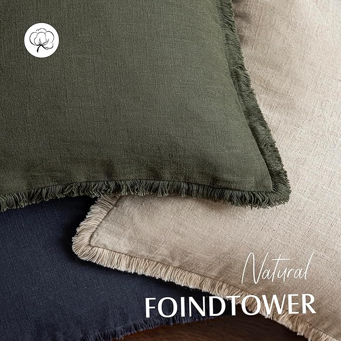 Foindtower Set of 2 Decorative Linen Fringe Throw Pillow Covers Boho Farmhouse Cushion Cover with Tassels Soft Accent Pillowcase for Couch Sofa Bed Living Room Home Decor,26×26 Inch,Dark Olive Green