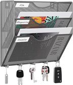 EasyPAG Hanging Wall File Organizer with Key Hooks, 3 Pocket Wall Mounted Mail Organizer, Vertical Folder Holder with Nametag Label, Paper Storage Magazine Rack for Office Home School, Silver