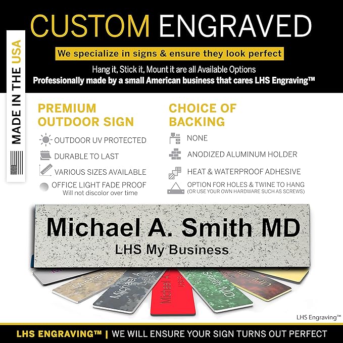 Custom Name Plate with Choice of Mounting for Walls, Doors, Cubicles, Hanging and More - Personalized Solarious Stone Plastic Black Letters - USA Made 2x10 - S3